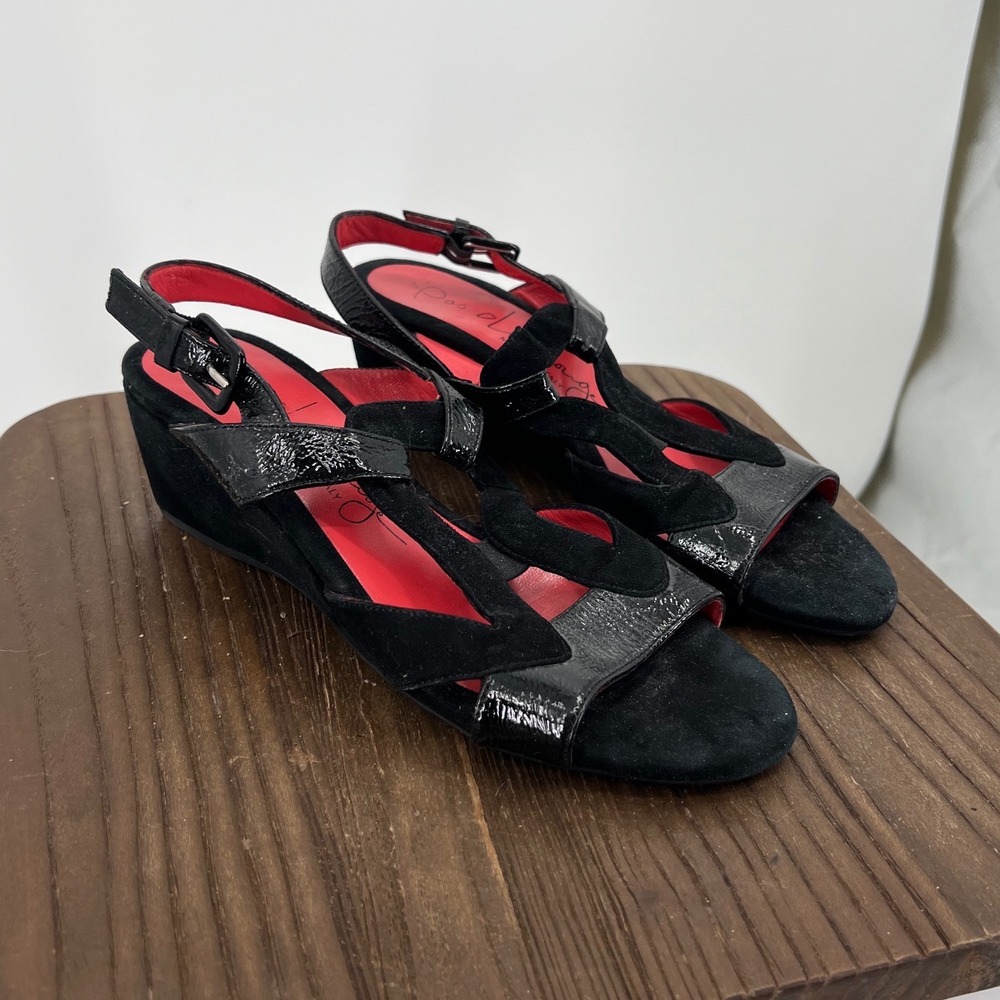 Pas De Rouge Black Suede Patent Leather Wedge Sandals Red Lining Italy 37.5
